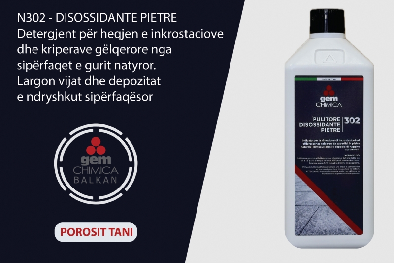 Detergjent per gur natyror N302 DISOSSIDANTE PIETRE nga Gem Chimica Balkan, detergjent per inkrostacione guri, pastrues profesional per gur, produkt per pastrim guri natyror, detergjent acid per gur