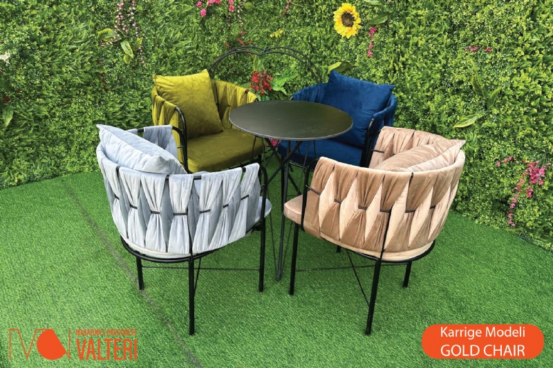 Karrige modeli Gold Chair elegante, karrige me strukture hekuri Shkoder, karrige dekorative per ambient restoranti, karrige premium per ambient gastronomik dhe salla ngrenie, karrige dizajn modern per bar lounge, mobilje restoranti Shkoder